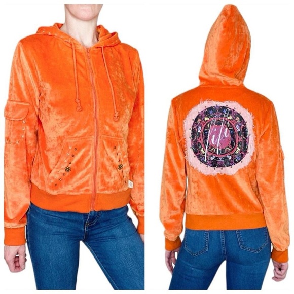 Vintage Y2K FiFi Collection Orange Velour Logo Hooded Cardigan - Picture 1 of 8